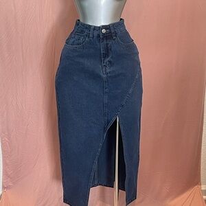 SHEIN Dark Blue Denim Midi Skirt with Front Slit